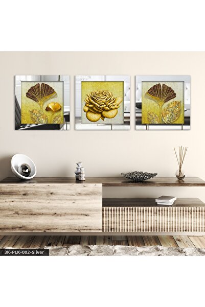 Evinemoda Gold Rose and Leaf 3 Piece Silver Plexi Mirrored Framed Painting