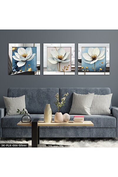 Evinemoda White Flower with Gold Leaves 3 Piece Silver Plexi Mirrored Framed ...