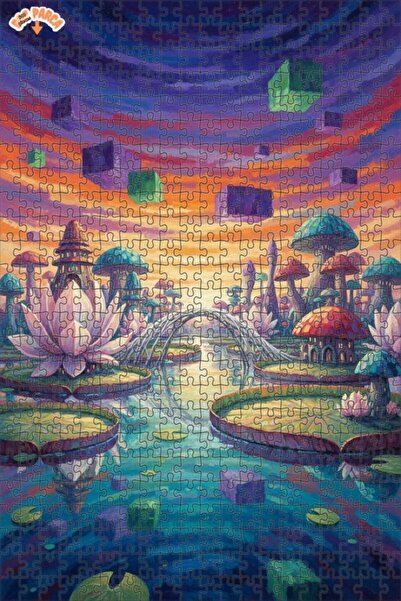 Teona Ahşap لغز خشبي بمظهر لوحة زيتية لمدينة الفطر الخيالية 500 قطعة 50×30