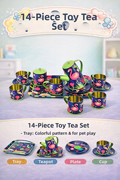 YILDIRIM OYUNCAK Animal Figured Patterned Metal Tea Set 14 Piece Toy Dollhous...