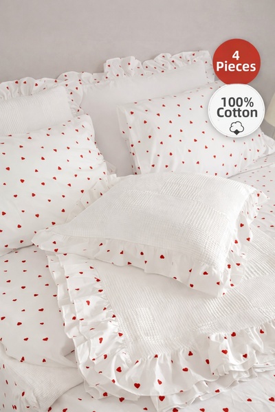 GÖRMEZ TEKSTİL 100% cotton ruffled single bedding set with fitted sheet, 4 pi...