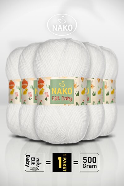 NAKO Elit Baby - 208 Alb - Pachet de 5 - 100gr/250m - Ață pentru bebeluși - A...