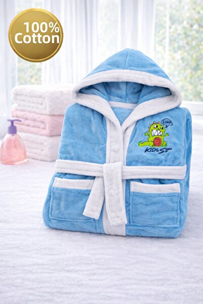 İQON رداء حمام للأطفال مصنوع من القطن بنسبة 100% - ديناصور (1.5 - 2 سنة / 92 سم)