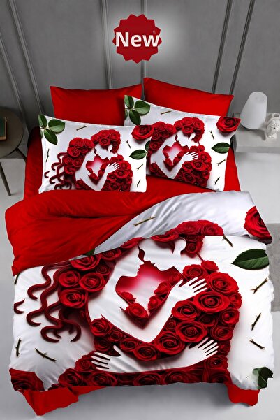 MonoHome Valentine's Day 100% Cotton Satin Double Duvet Cover Set with Elasti...
