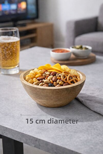 NEWNOW Mango Wood Enamel Coated Bowl 15 cm – Natural Wood Serving & Presentat...