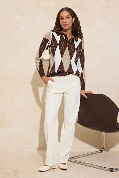 Trendyol Collection Brown Argyle Pattern Wide Fit Knitwear Sweater Twoaw26Kz0...