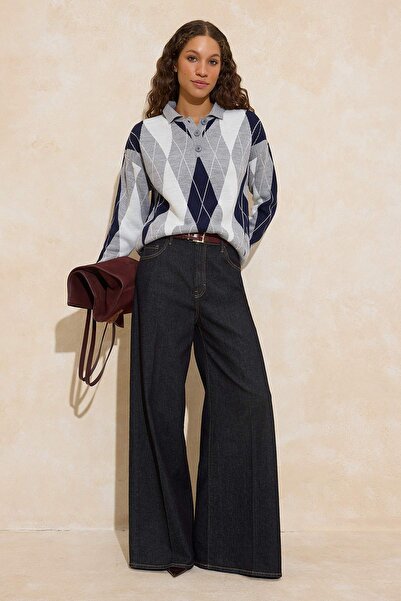 Trendyol Collection Gray Argyle Pattern Wide Fit Knitwear Sweater Twoaw26Kz00299