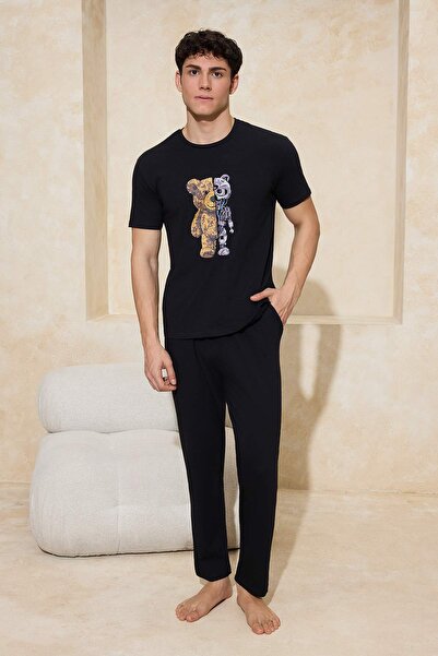 Trendyol Collection Schwarzes Pyjama-Set aus Baumwolle mit regulärem Schnitt,...