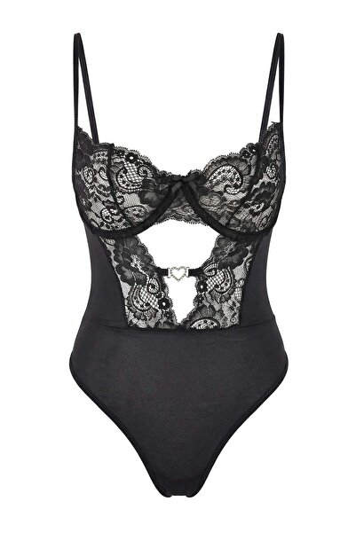 Trendyol Collection Black Tulle Lace Heart Detailed Fitted Body Thmss26Bd00010