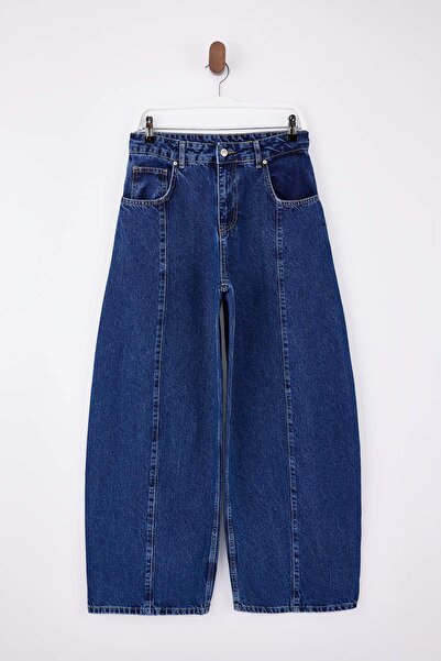 Trendyol Collection Blaue, drapierte Baggy-Jeans aus Tencel-Mischgewebe mit N...