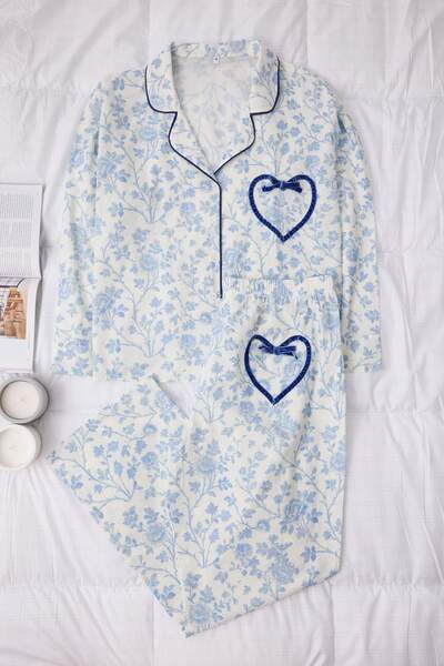 Trendyol Curve Blau gemustertes, gewebtes Pyjama-Set in Übergröße mit Herz-Ta...
