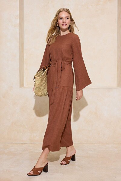 Trendyol Modest Cinnamon Belted Linen Look Woven Dress Tctss25Eb00059