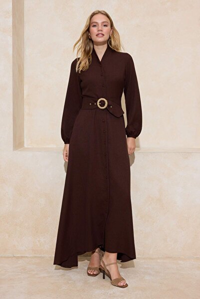Trendyol Modest Brown Woven Dress with Straw Belt Tctss26Eb00007