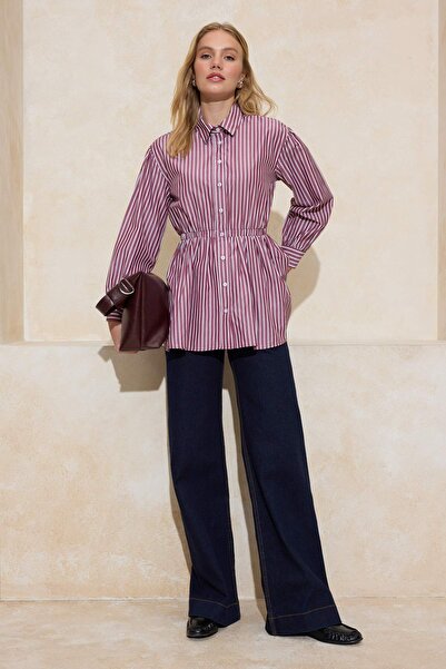 Trendyol Modest Burgunderfarbenes, tailliertes, gestreiftes Baumwoll-Webhemd ...