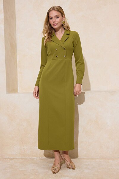 Trendyol Modest Dark Khaki Double-Breasted Collar Gold Button Detailed Woven ...