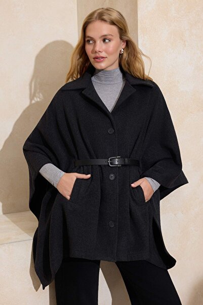 Trendyol Collection Anthracite Oversized Belted Coat Twoaw26Kb00074