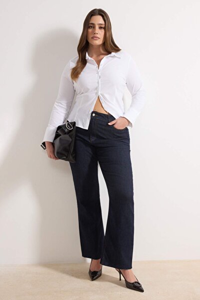 Trendyol Curve Cămașă din bumbac țesut, albă, ușoară, cu talie înaltă, esenți...