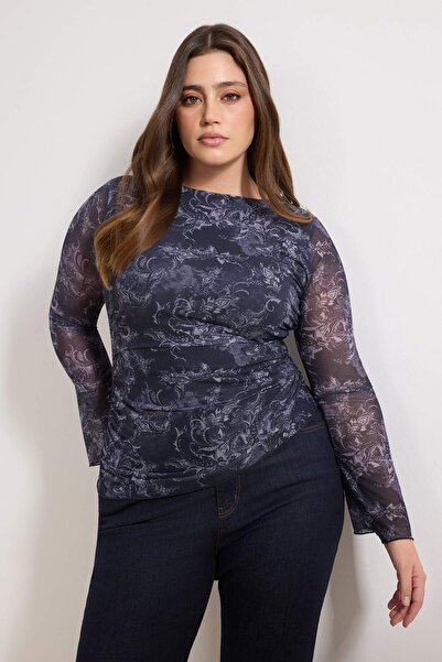 Trendyol Curve Teen Blue Shawl-Muster-Bluse mit U-Boot-Ausschnitt, asymmetris...