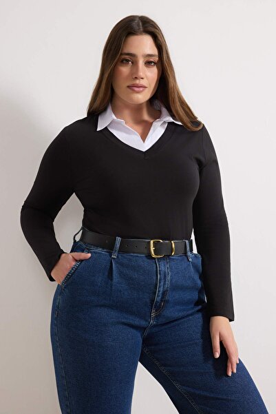 Trendyol Curve Black Shirt Collar Detailed Single Jersey Knitted Plus Size Bl...
