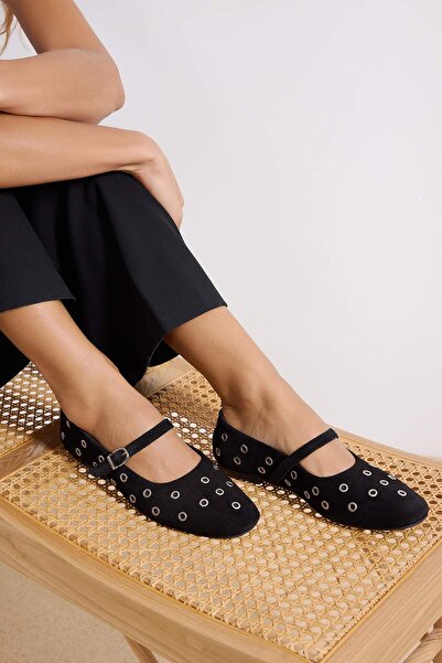 TRENDYOL SHOES Schwarze Mary Jane Damen-Ballerinas aus echtem Wildleder mit Ö...