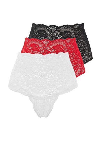 Trendyol Collection Чорно-біло-червоні трусики-танга з трьома рядами мережива...