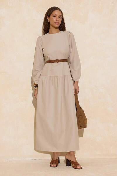 Trendyol Modest Stone Brown Suede Belted Woven Dress Tctss26Eb00035