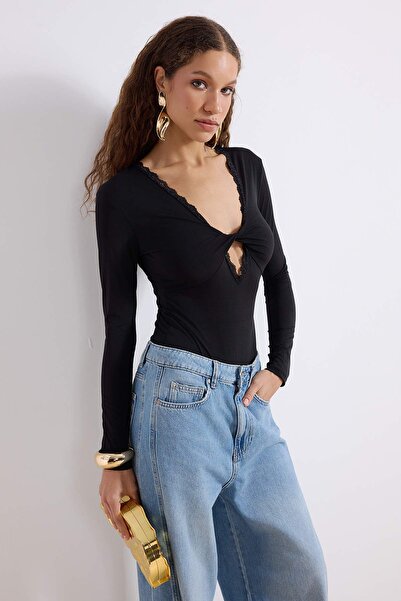 Trendyol Collection Black Deep V-Neck Lace Paneled Knitted Party Body Tprss26...