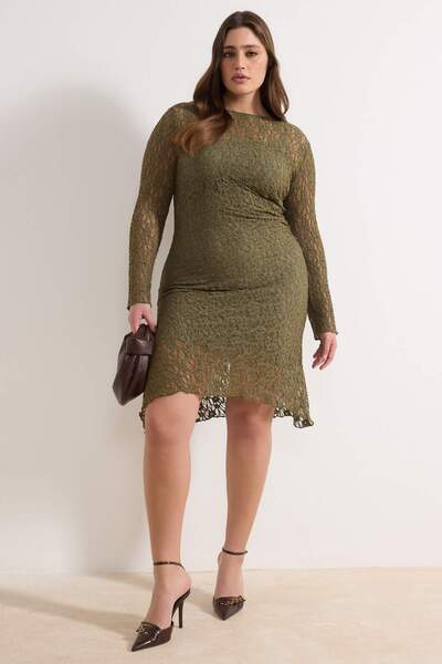 Trendyol Curve Khaki Lace Knitted Mini Plus Size Dress Tbbaw26Ah00042