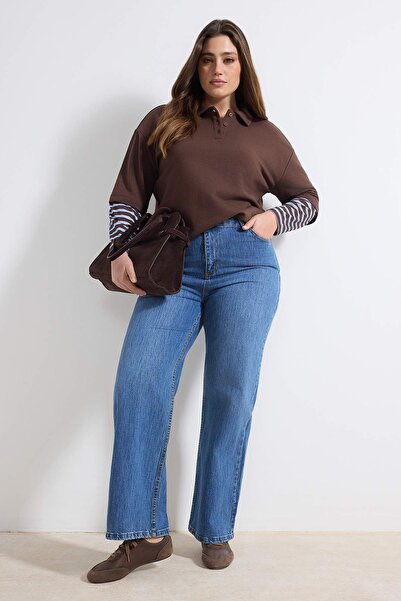 Trendyol Curve Brown Polo Neck Sleeves Striped Oversized Sweatshirt Tbbaw26Ao...