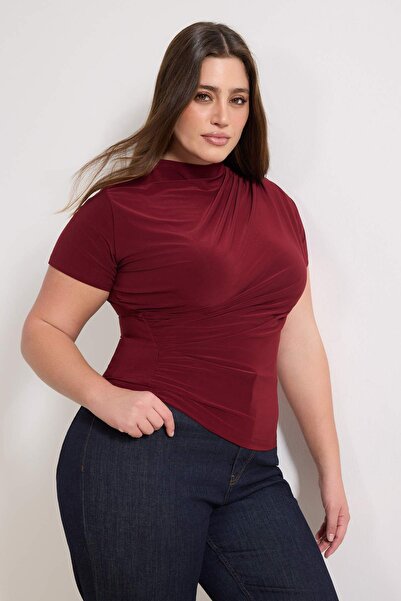 Trendyol Curve Burgundy Mock Neck Shirred Sandy Knitted Plus Size Blouse Tbba...