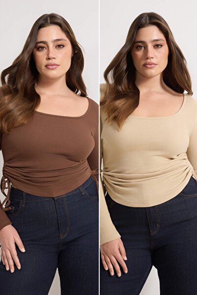 Trendyol Curve Brown-Beige 2-Pack Gathered Side Plus Size Blouse Tbbaw26Af00105