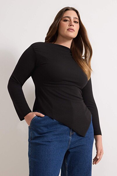 Trendyol Curve Black Ribbed Knit Knitted Plus Size Blouse Tbbaw26Af00131