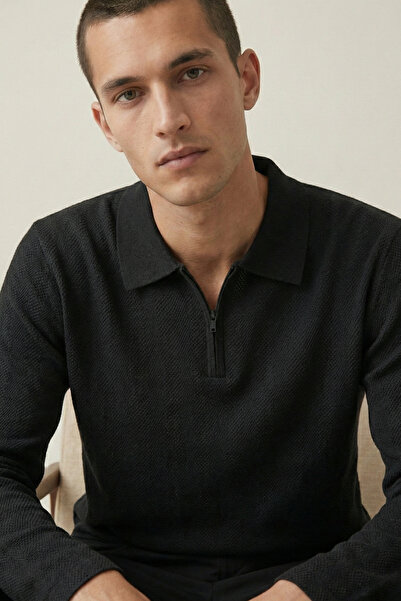 GW Vatra Men's Regular Fit Polo Neck Zippered Textured Jacquard Knit Sweater ...