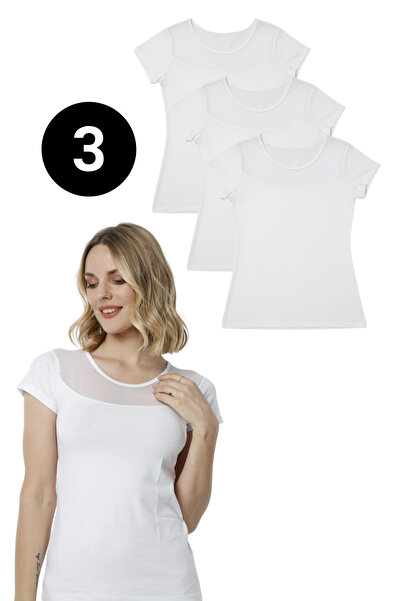 Hmd Tricou de damă din bumbac alb - 3 piese, piept cu detaliu din tul, textur...