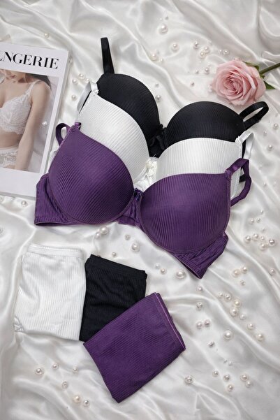 MILANOFOX 3-Piece Premium Striped Padded Underwire Push-Up Bra & Adjustable P...