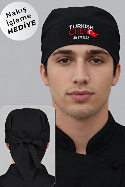 Üniformanya isim Hediyeli Turkısh Chef Baskılı Aşçı Bandanası Bone Siyah