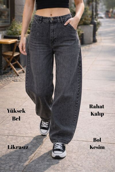 CEDY DENIM Yüksek Kalite Kadın Yüksek Bel Baggy Skater Jean-c615-antrasit