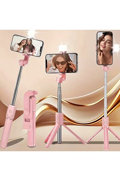 gaman Telefon Selfie Çubuğu Ayaklı Tripod Kablosuz Bluetooth Kumandalı -Pembe...