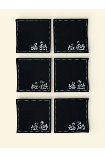 LİONYA DESİGN 6 Pieces Swan Embroidered Coffee and Cocktail Presentation Napkins - 14X14 Premium Duck Cloth