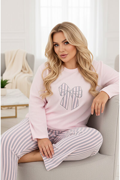 Siyah İnci pembe çizgili desenli Nakışlı Büyük Beden Polar Kışlık Örme Pijama...