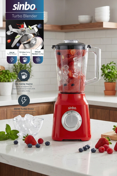 Sinbo SHB-7517 Turbo Blender Kırmızı – 350W, 1.5L Hazne, Smoothie & Pulse Fon...
