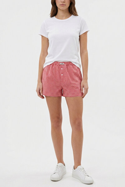 LESRAVIN Kadın Ekoseli Poplin Pamuk Kumaş Homey Comfort Boxer Ev Şortu