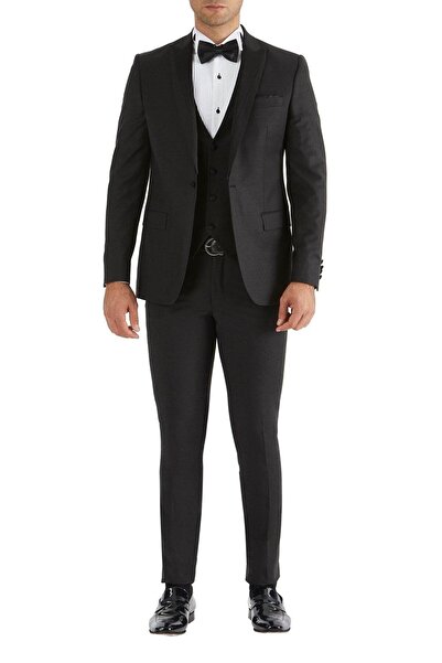 Efor Black 034 Slim Fit Yelekli Çıkarılabilir Saten Yaka Siyah Damatlık Smoki...