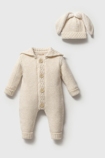 Nipperland Kapüşonlu Motif Örgü Triko Bebek Tulum & Şapka Seti