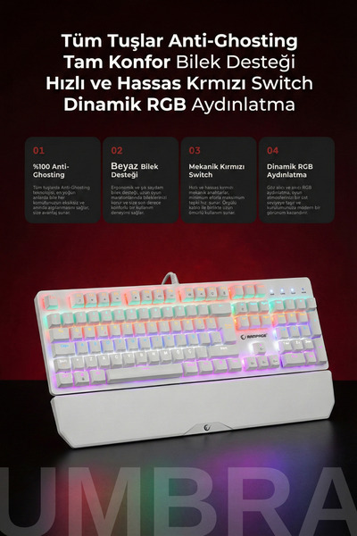 Rampage Kb-r86 Umbra Beyaz Rainbow Red Switch Full Mekanik Klavye Gaming Klavye Oyuncu Klavyesi Türkçe