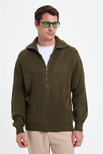 Tudors Men's Slim Fit Mock Neck Zippered Khaki Plain Cardigan