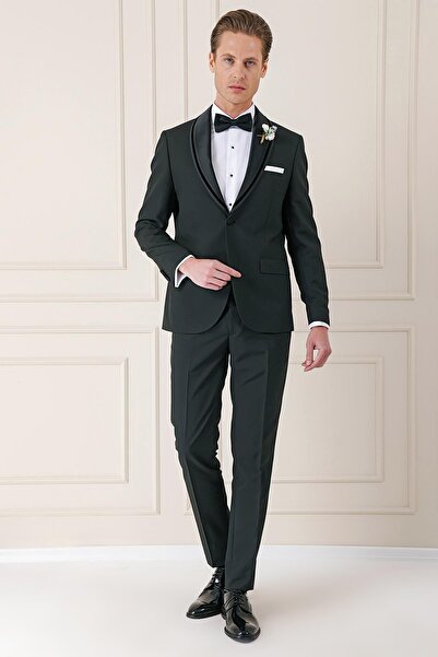 Efor Slim Fit Çıkarılabilir Saten Yaka Siyah Damatlık Smokin Takım Black 075