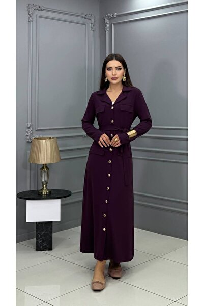 Cannes فستان ماكسي أرجواني بأزرار أمامية على طراز ماري سفاري