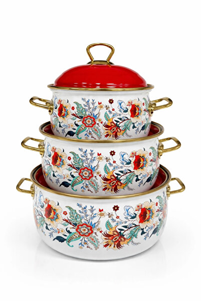 PR HOME Magnolia Derin Bombeli Emaye Tencere Seti 16-20-24 cm