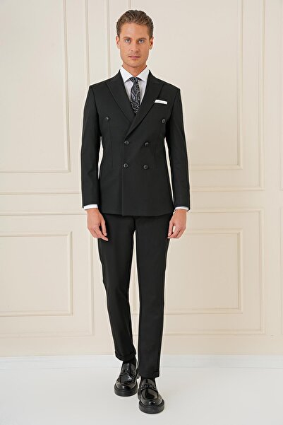 Efor Slim Fit Çift Yırtmaç Esnek Düz Siyah Kruvaze Takım Elbise TK 905
